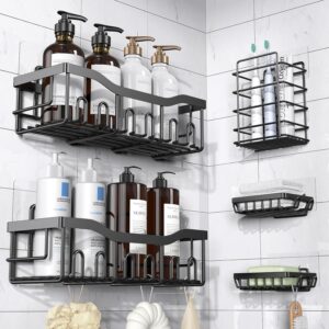 Black adhesive shower caddies for bathroom shampoo and soap storage