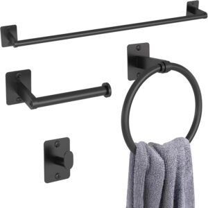 Self-adhesive black bathroom towel rack set with towel ring and hooks