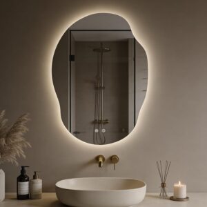 Yoding 24x32 irregular LED bathroom mirror with backlit illumination, anti-fog technology, memory function, adjustable lighting, and modern organic design above a bathroom vanity.
