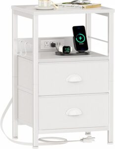 Furologee white nightstand with charging station, USB ports, power outlets, two fabric drawers and open storage shelf.