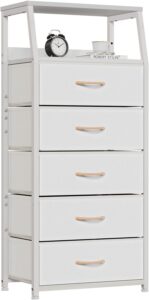 Furnulem white vertical fabric dresser with 5 storage drawers, wooden top and metal frame for bedroom organization.