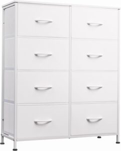 WLIVE white fabric dresser with 8 storage drawers, sturdy metal frame and wooden top for bedroom organization.