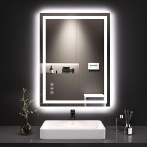 LOAAO 24x32 LED bathroom mirror with front and back lighting, anti-fog technology, memory function, and tempered glass above a modern bathroom vanity.