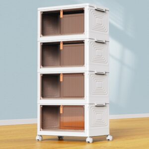 4-tier stackable storage bins with wheels and front-opening doors for bathroom organization and space-saving storage