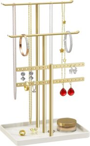 pickpiff gold jewelry organizer stand with necklace bars, earring holder and storage tray for bedroom vanity.
