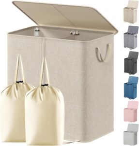 Lifewit beige double laundry hamper with lid, removable laundry bags and two compartments for bedroom organization.