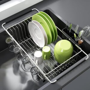 JASIWAY expandable stainless steel dish drying rack over kitchen sink with plates, cups, and utensil holder