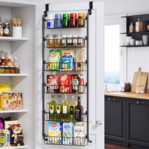 Six-tier over-the-door metal pantry organizer filled with spices, snacks, bottles, and kitchen essentials
