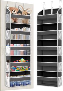 TAHAVICE gray over-the-door hanging organizer with five large storage pockets and side mesh pockets for bedroom organization.