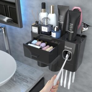 Wall-mounted toothbrush organizer with toothpaste dispenser, storage drawer, toothbrush holder, and bathroom organizer shelf