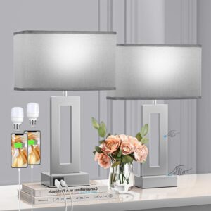 Seealle set of 2 gray touch bedside table lamps with USB-A and USB-C charging ports and gray fabric lampshades.