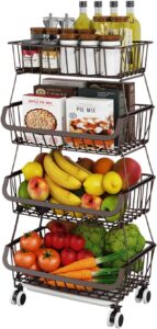Four-tier rolling metal storage basket filled with fruits, vegetables, pantry items, and kitchen supplies