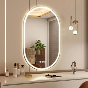 BEAUTYPEAK 36x24 oval LED bathroom mirror with front and backlit lighting, anti-fog technology, memory function, and adjustable color temperatures above a modern bathroom vanity.
