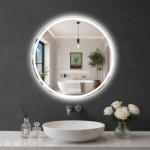 28-inch round LED bathroom mirror with adjustable lighting, three color temperatures, and modern frameless design above a contemporary bathroom vanity.