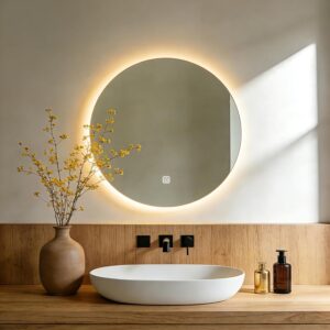 AOSHEEYIY 20-inch round LED bathroom mirror with backlit lighting, stepless dimming, three color temperatures, and frameless modern design above a bathroom vanity.