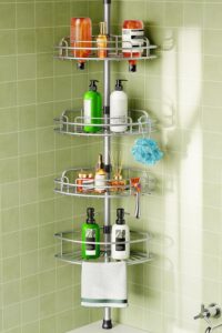 Gray corner shower shelf with four tiers for organizing shampoo, soap, and bathroom essentials