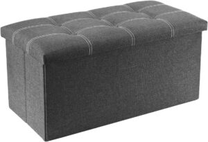 YOUDENOVA gray foldable storage ottoman bench with padded seat and hidden storage compartment for bedroom organization.