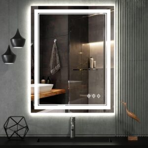 VanPokins 24x32 LED bathroom mirror with front and backlit lighting, anti-fog function, adjustable color temperatures, and silver frame above a modern vanity.