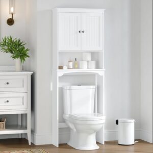Over-the-toilet storage cabinet with doors and shelves for bathroom storage and space-saving organization