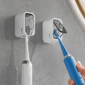 Wall-mounted toothbrush holder with protective cover for electric toothbrush storage and hygienic bathroom organization