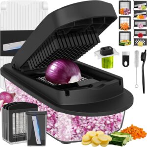 8-in-1 vegetable chopper with food container, interchangeable blades, and onion being diced