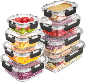 Set of eight airtight glass food storage containers with locking lids for meal prep and kitchen organization