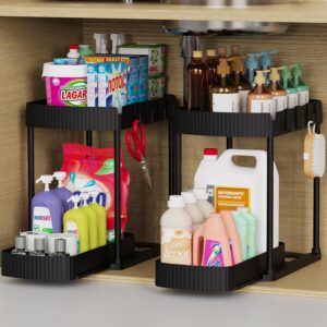 Pull-out under sink organizer with two-tier sliding storage for bathroom cleaning supplies and toiletries