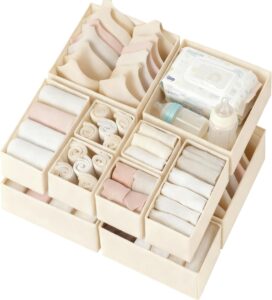 12-piece fabric drawer organizer set with multiple storage compartments for socks, underwear, baby clothes and dresser organization.