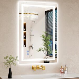 WISSMIELS 24x36 LED bathroom mirror with front and backlit illumination, anti-fog technology, touch controls, and frameless modern design above a bathroom vanity.