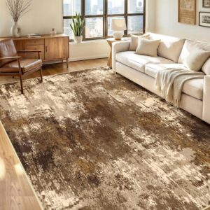RELEANY washable modern abstract brown area rug in a cozy living room with a cream sofa and wooden furniture.