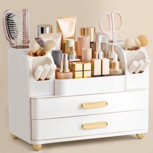 HBlife large white makeup organizer with drawers and compartments for cosmetics, skincare products, makeup brushes and beauty accessories.