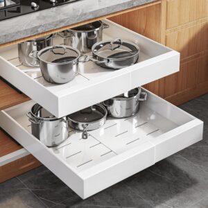 Expandable pull-out cabinet organizer with sliding drawers storing pots and pans inside a modern kitchen cabinet.