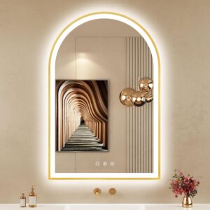 OUMUSU 24x36 gold LED bathroom mirror with aluminum frame, anti-fog technology, touch controls, and adjustable lighting above a modern vanity.