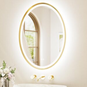TETOTE 24x32 gold oval LED bathroom mirror with front and backlit lighting, anti-fog technology, stepless dimming, and modern metal frame above a luxury bathroom vanity.