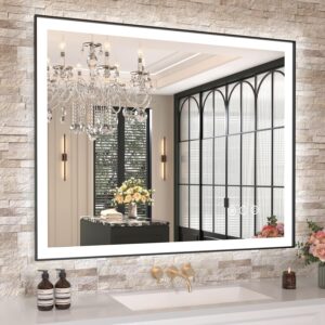 Amorho 40x32 LED bathroom mirror with black metal frame, front and backlit lighting, anti-fog technology, and stepless dimming installed above a modern bathroom vanity.