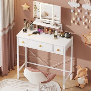 HIGDBFE white vanity desk with LED lighted mirror, three storage drawers and compact makeup station for bedroom.