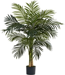 Nearly Natural artificial Areca palm tree with double trunks in a black planter placed in a modern living room corner.