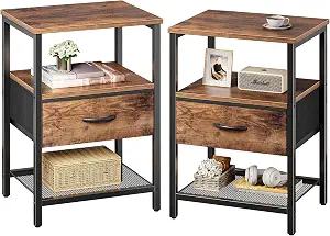Huuger rustic brown nightstand set of 2 with fabric drawer, open storage shelf and black metal frame for bedroom organization.