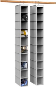 Simple Houseware gray hanging closet organizer set with 10 fabric shelves for shoes, clothes and bedroom closet storage.
