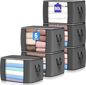 90L foldable storage bags with reinforced handles and clear window for blankets, clothing, comforters and bedroom storage.