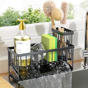 304 stainless steel kitchen sink organizer with sponge holder, soap dispenser, tall brush holder, and quick-drain design
