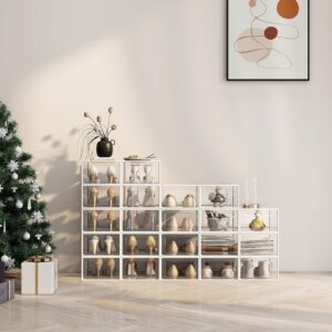 SEE SPRING transparent stackable shoe storage boxes with front opening doors for bedroom and closet organization.