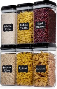 Shazo airtight food storage containers with labels for organizing cereal, rice, pasta, beans, and pantry staples.