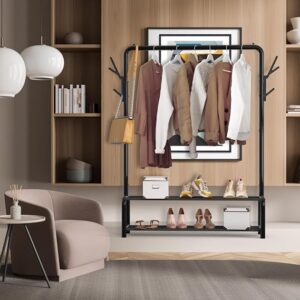 Simple Houseware black freestanding garment rack with storage shelves, side hooks and clothes hanging rail for bedroom organization.